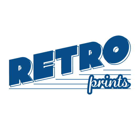 A logo design for an imaginary company as part of the 30 Days of Logo challenge. The logo consists of text reading retro prints, where retro appears in all caps on an upward angle, and prints appears in script, level underneath the right side of retro.