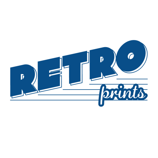 A logo design for an imaginary company as part of the 30 Days of Logo challenge. The logo consists of text reading retro prints, where retro appears in all caps on an upward angle, and prints appears in script, level underneath the right side of retro. 