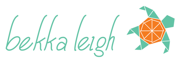 bekka leigh logo, consisting of text in seafoam green, and sea turtle facing right comprised of green and orange triangles, a septagonal shell and pentagon head.