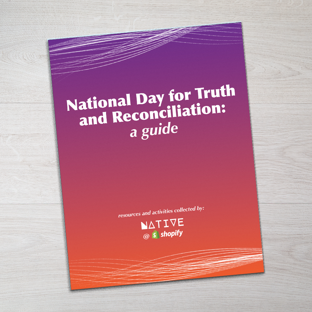 A mockup of a printed guide titled National Day for Truth and Reconcilation: a guide. The text is white on a gradient background of purple to orange emulating a sunset. Dotted lines in white frame the top and bottom of the cover, which give the impression of movement.