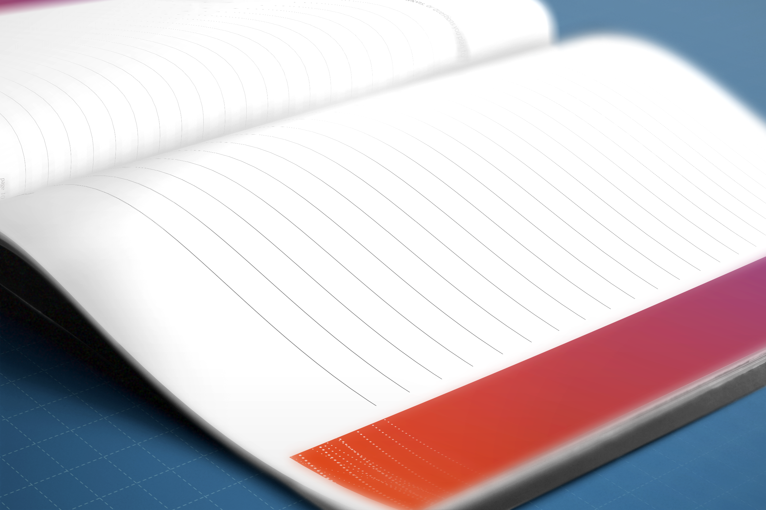 A mockup of the printed guide on displaying lined pages withe a gradient sunset border and dotted lines at the outer edges of the pages.