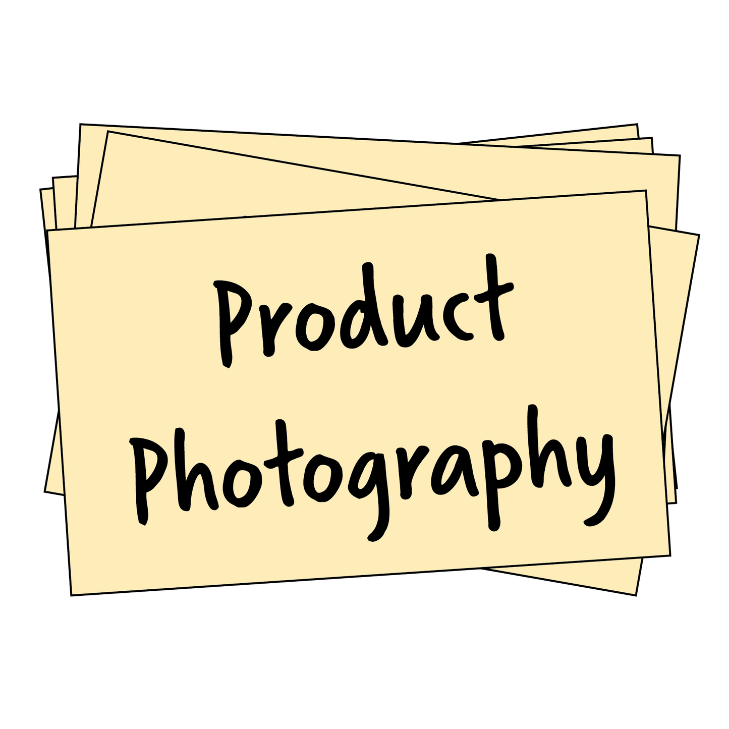 A sign rests at an angle on top of other cards, reading Product Photography.