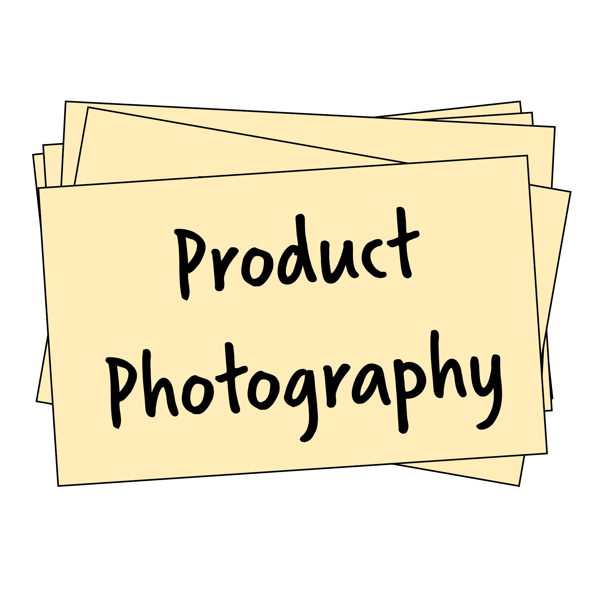 A sign rests at an angle on top of other cards, reading Product Photography.
