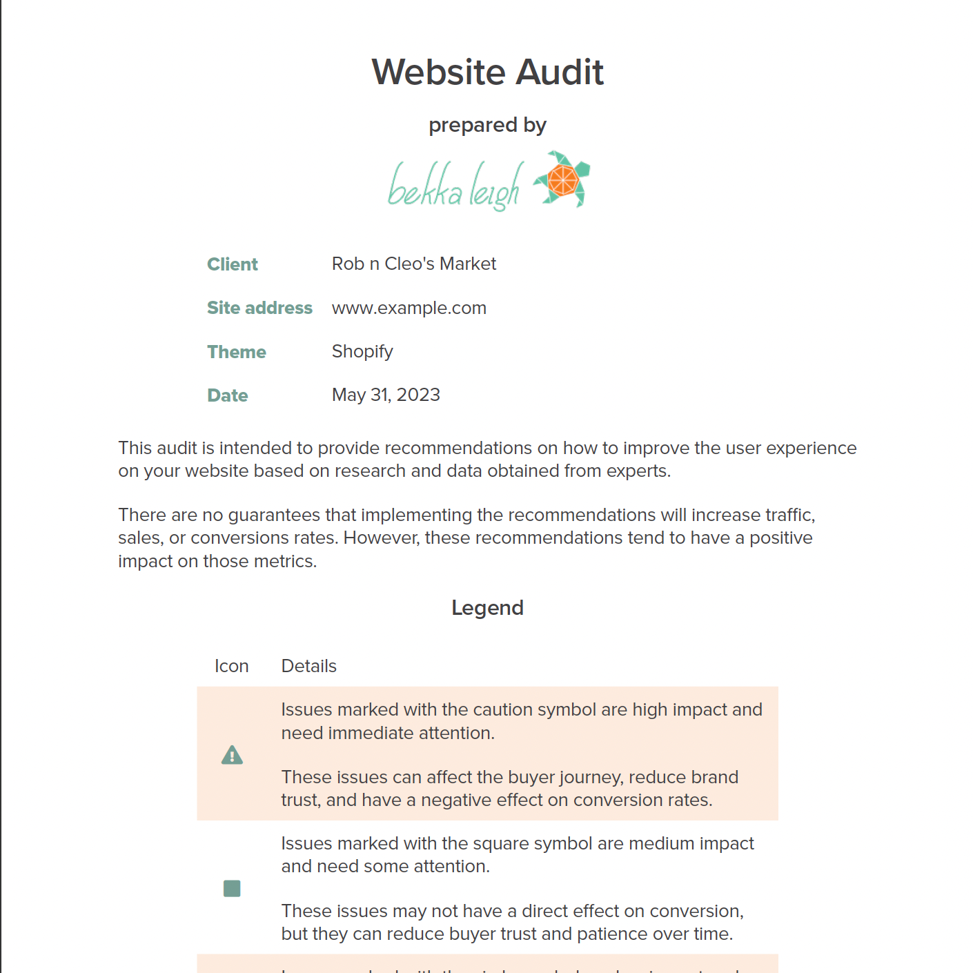 Partial view of the first page of a website audit document containing branding for bekka leigh design and details about the purpose of the audit.