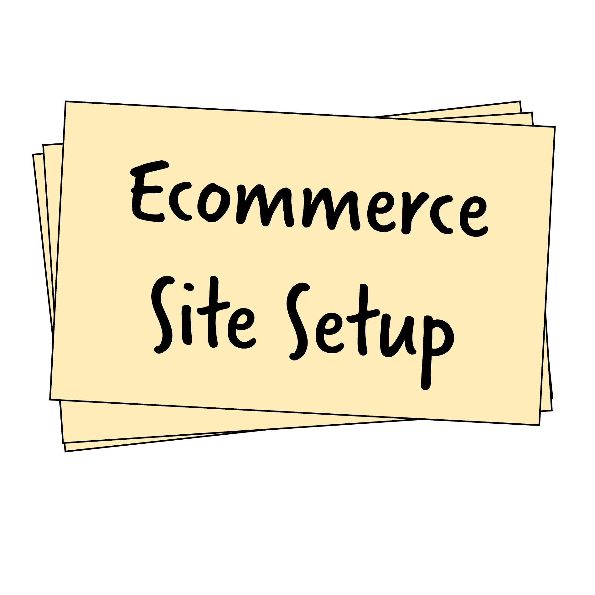 A sign sits at an angle above two other signs, reading Ecommerce Site Setup.