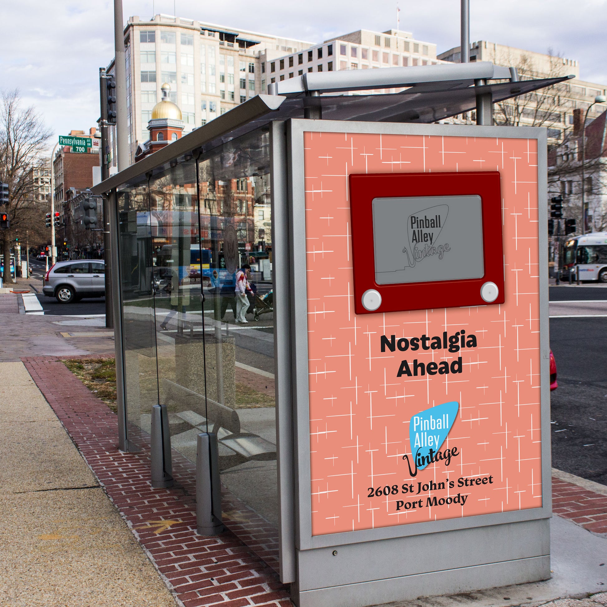 Mockup of bus shelter ad for Pinball Alley Vintage; Nostalgia Ahead
