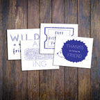 Layout of four friendship cards, in blue and white on wood background.