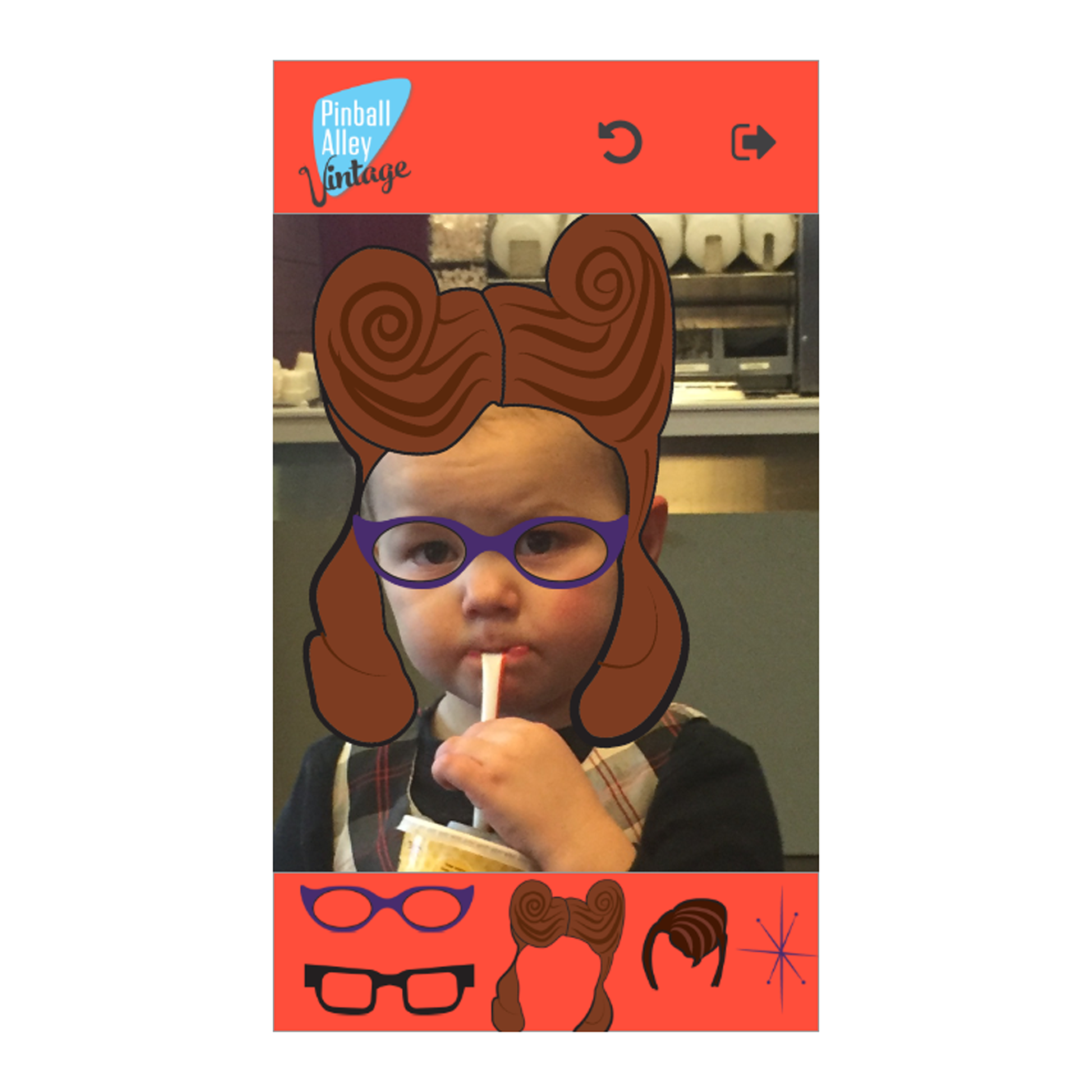 App mockup, retro elements used as filter overlay on image of small child.