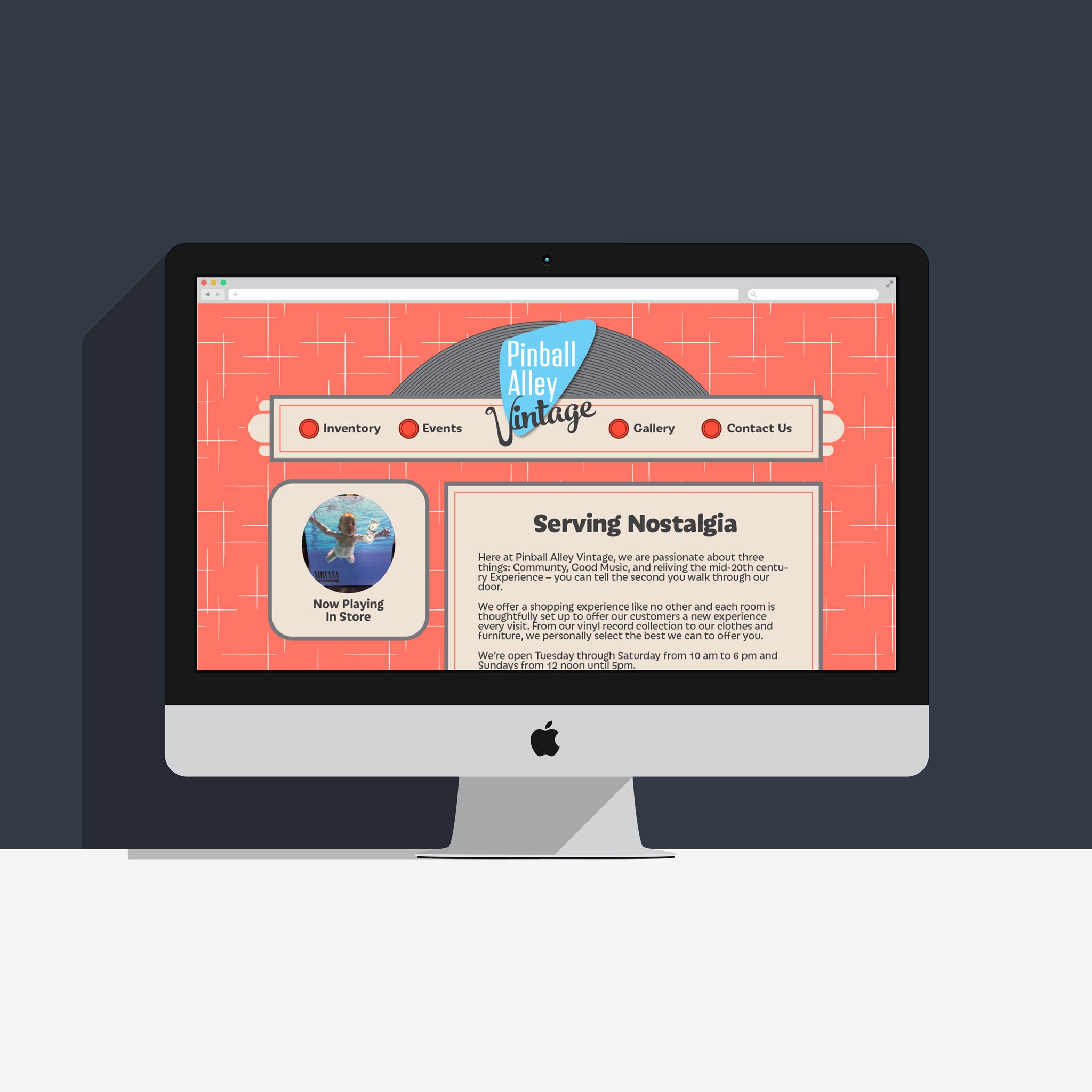 Website mockup; Pinball Alley Vintage with "now playing" feature